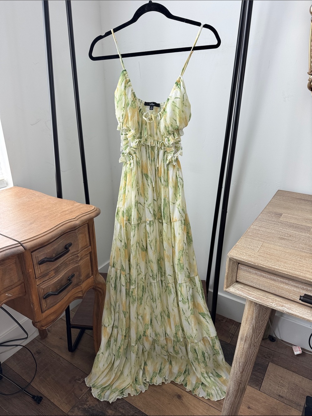 Light Green Floral Maxi Dress with Spaghetti Straps and cut outs